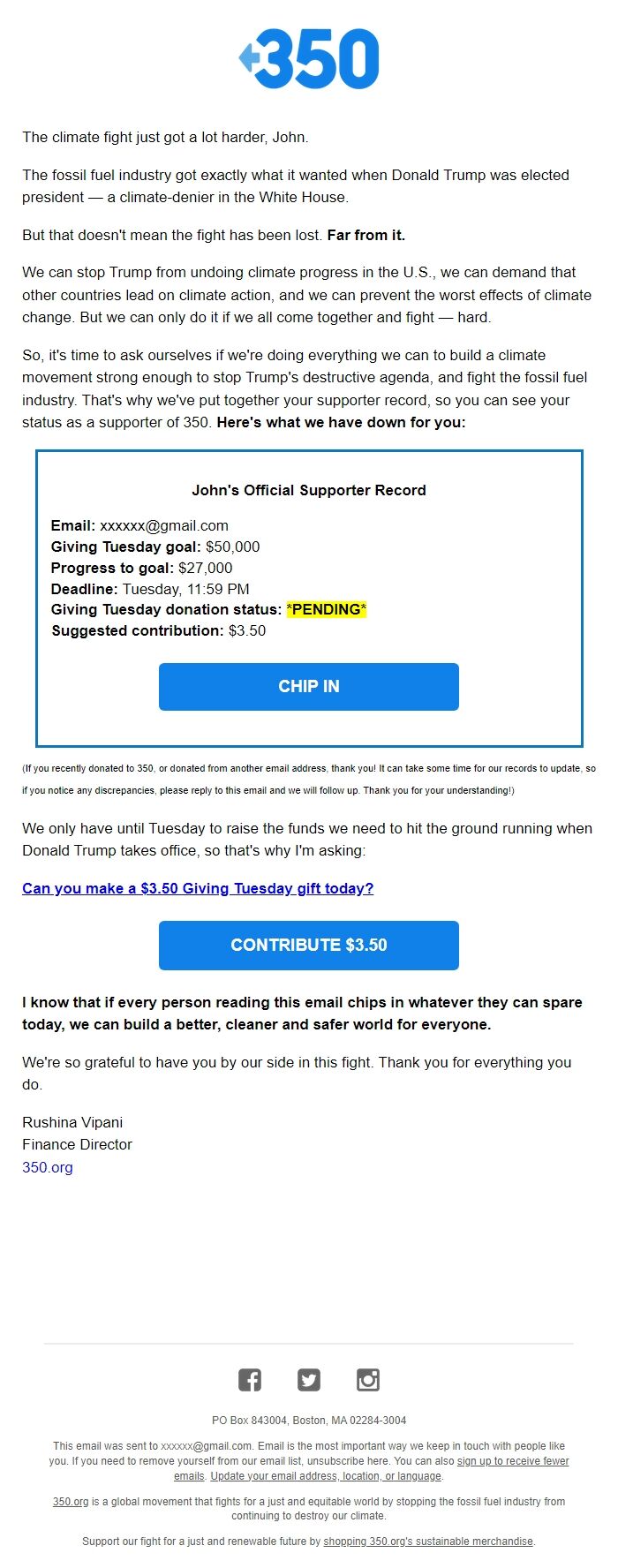 Screenshot of the email generated on import