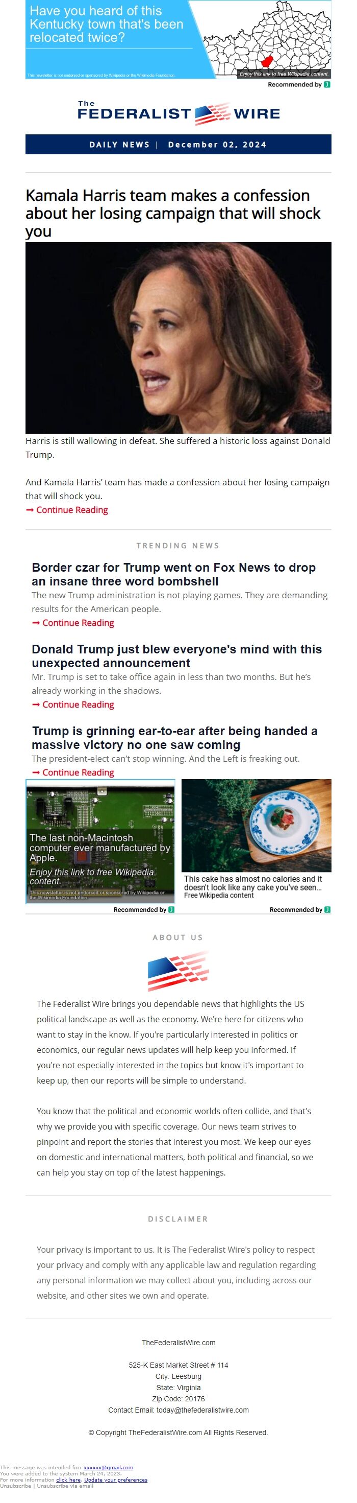 Screenshot of the email generated on import