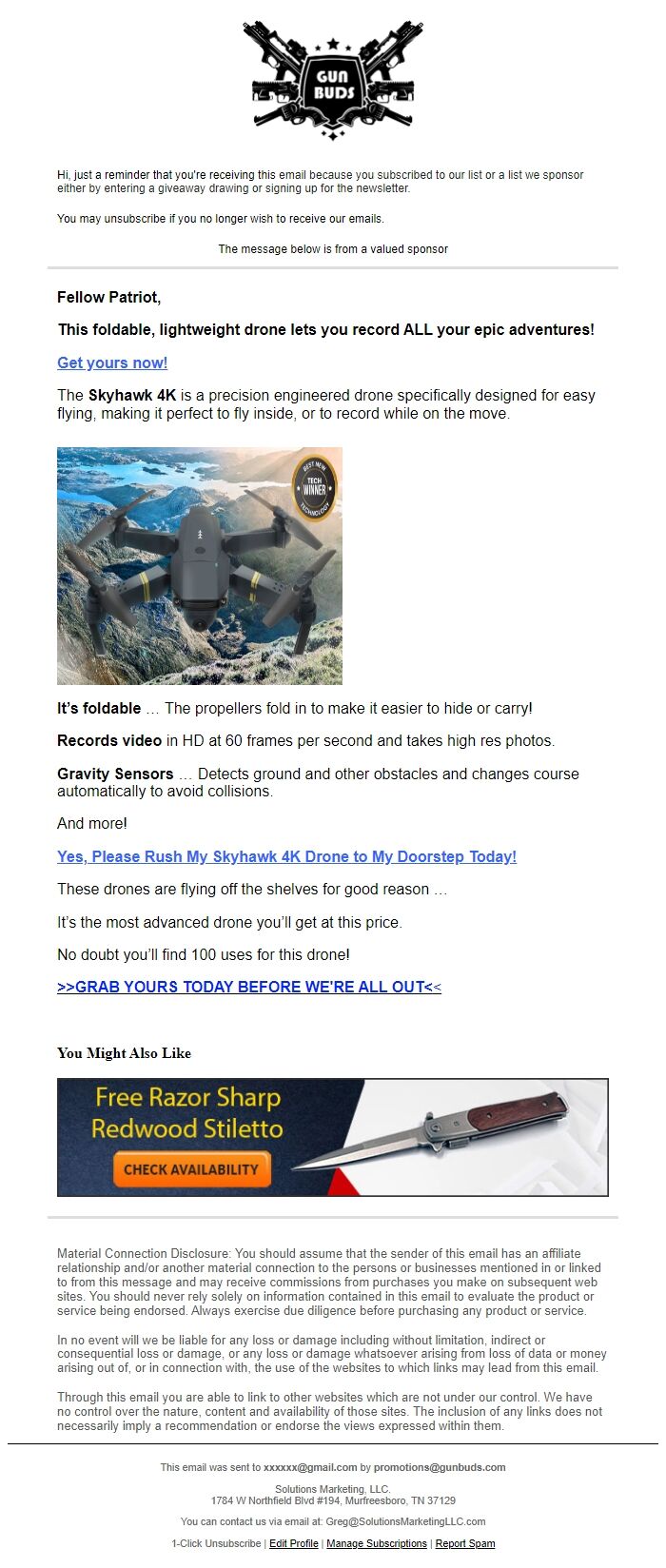 Screenshot of the email generated on import