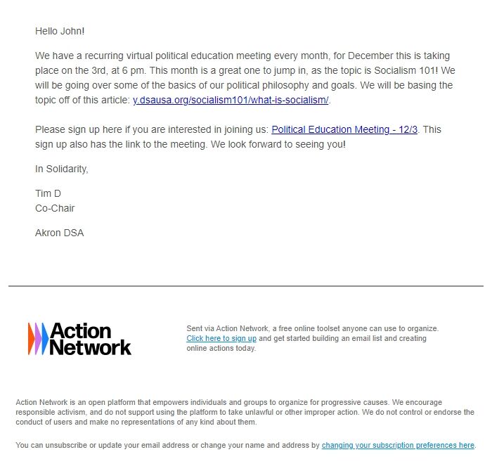 Screenshot of the email generated on import