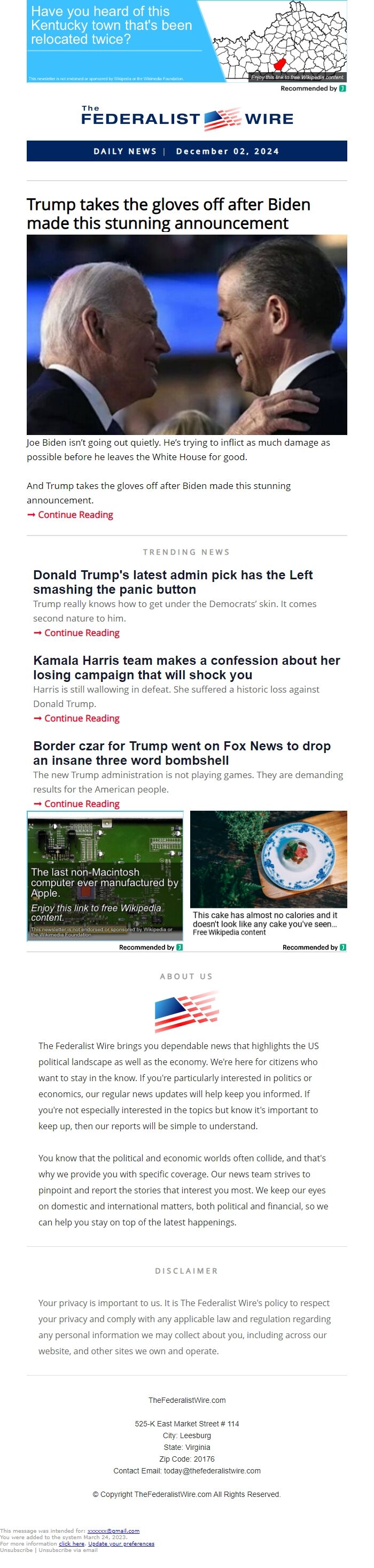 Screenshot of the email generated on import