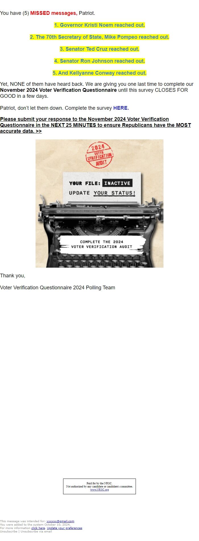 Screenshot of the email generated on import