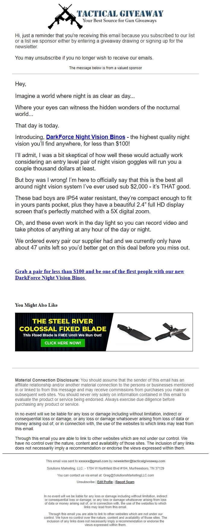 Screenshot of the email generated on import