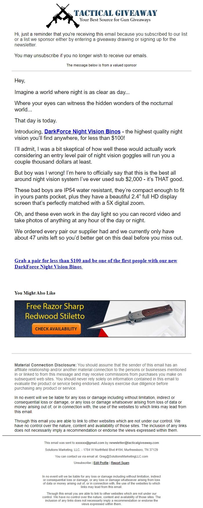 Screenshot of the email generated on import