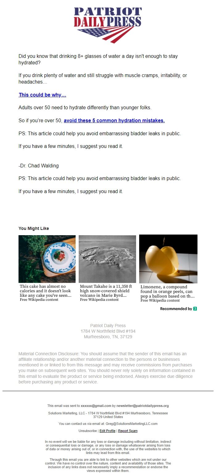Screenshot of the email generated on import