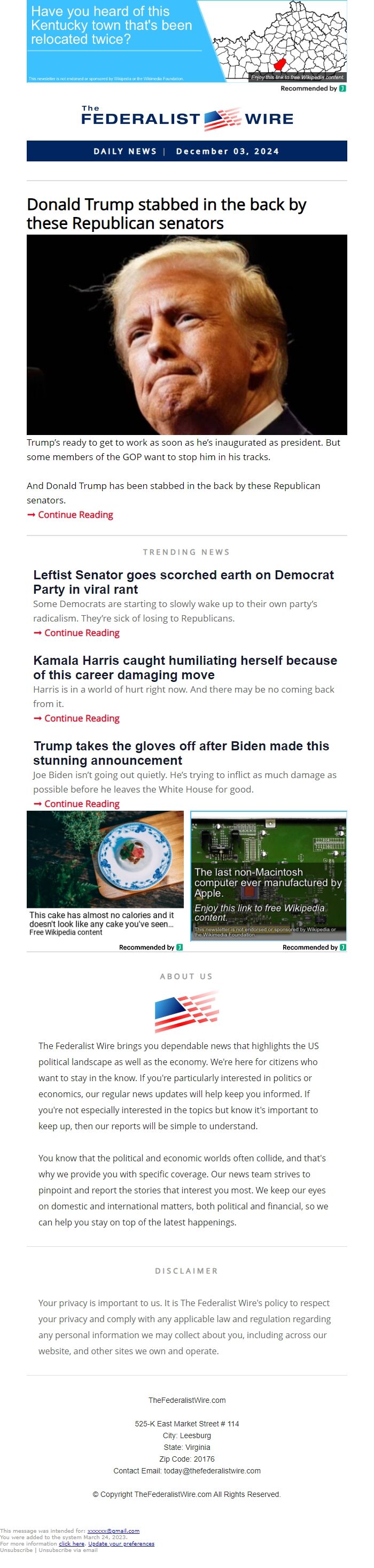 Screenshot of the email generated on import