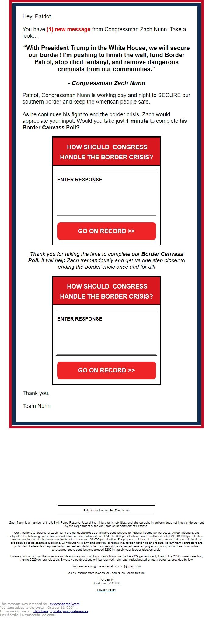 Screenshot of the email generated on import
