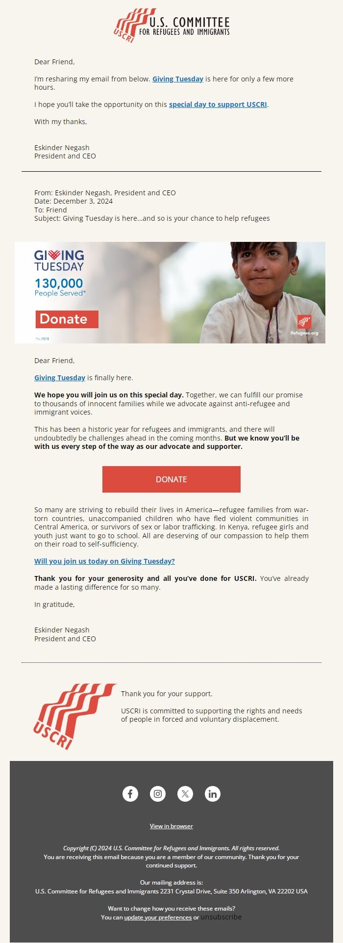 Screenshot of the email generated on import