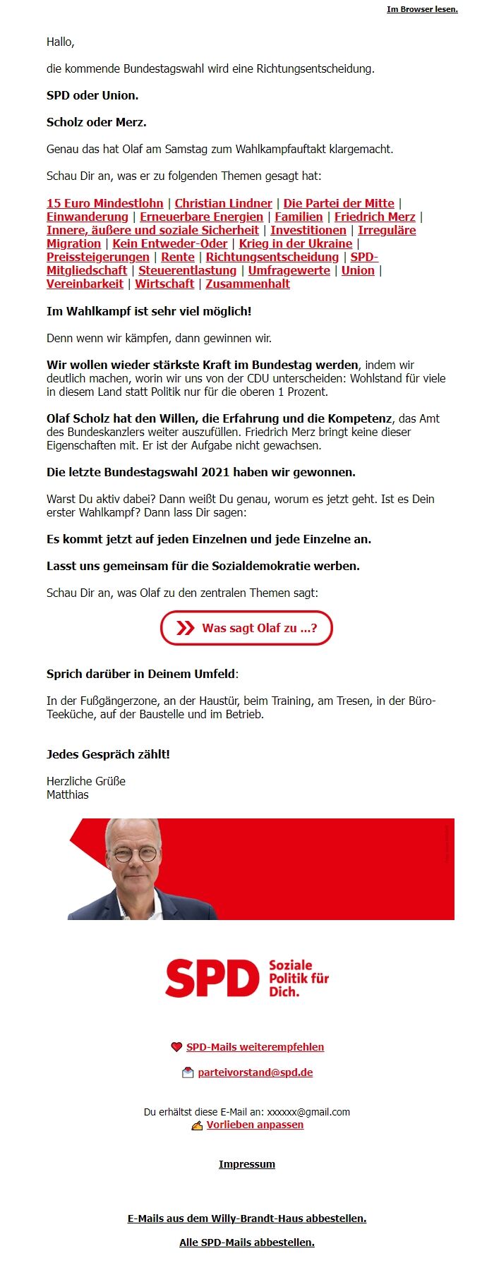 Screenshot of the email generated on import
