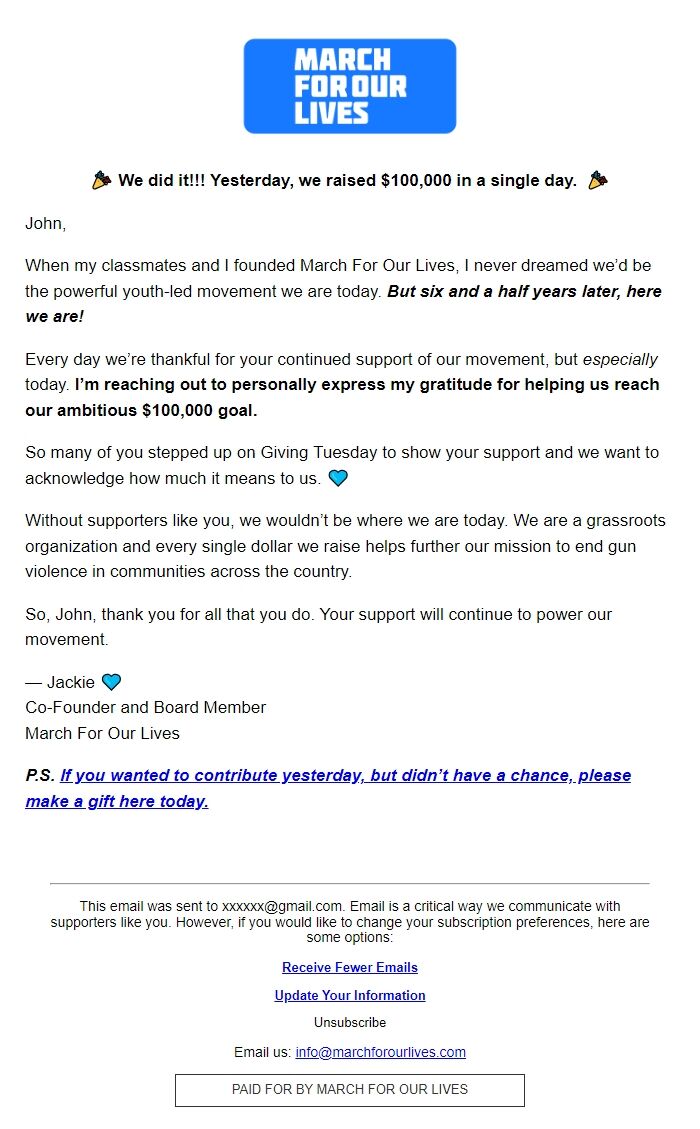 Screenshot of the email generated on import