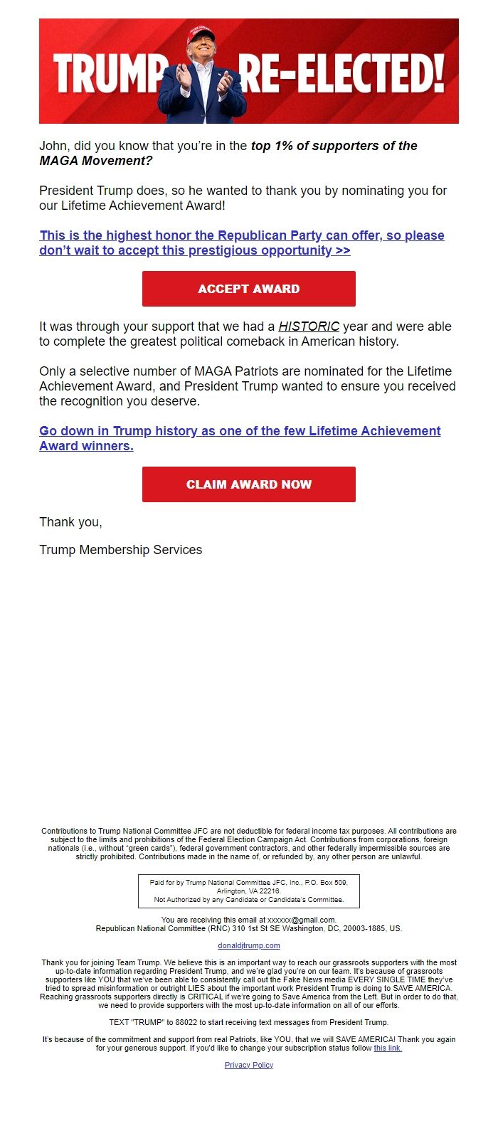 Screenshot of the email generated on import