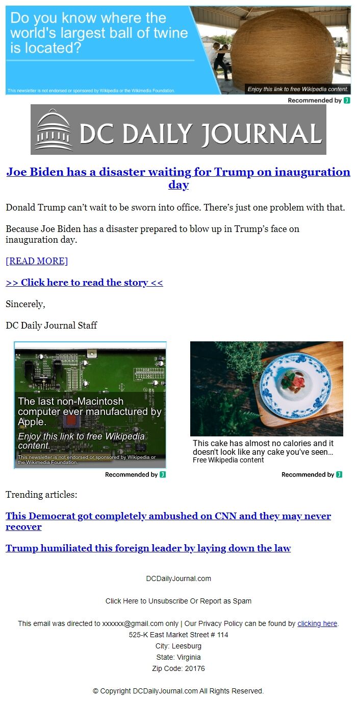Screenshot of the email generated on import