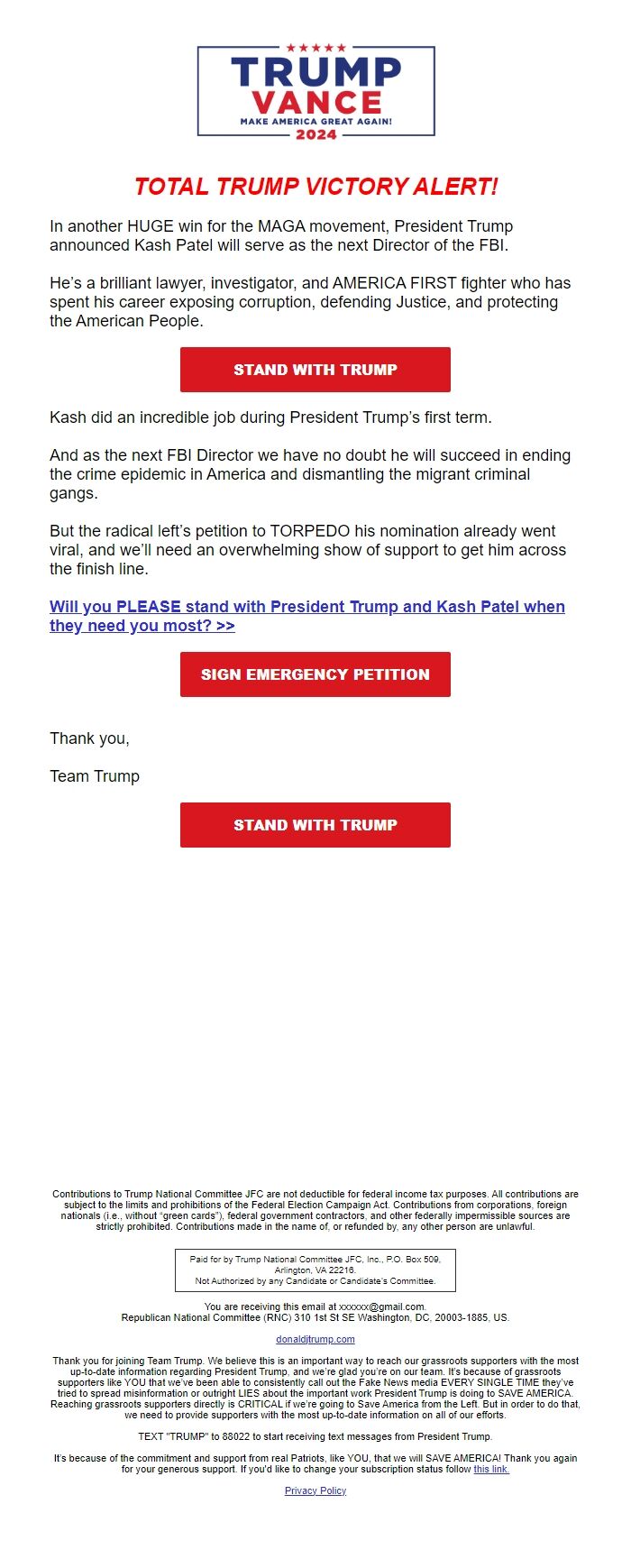 Screenshot of the email generated on import