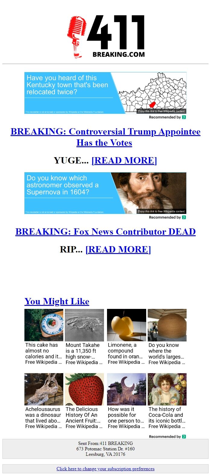 Screenshot of the email generated on import