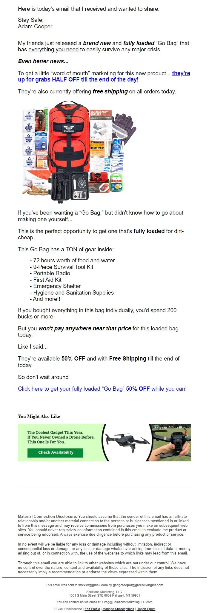 Screenshot of the email generated on import