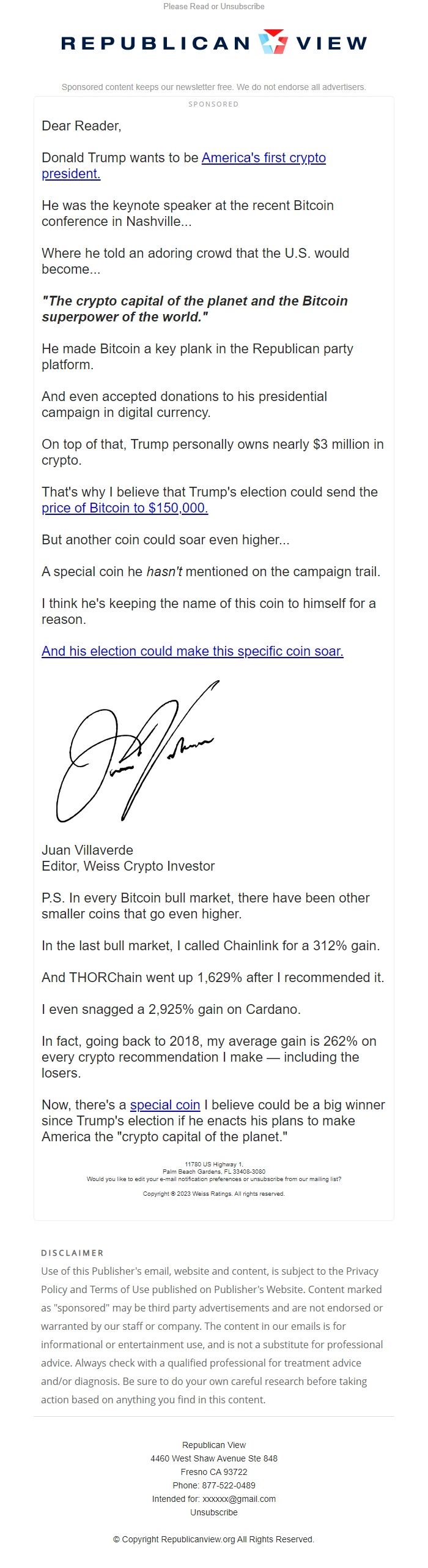 Screenshot of the email generated on import