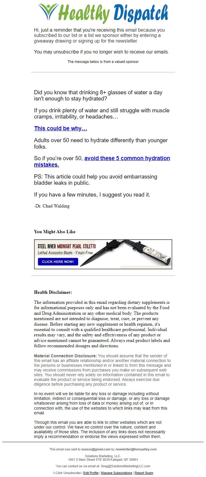 Screenshot of the email generated on import