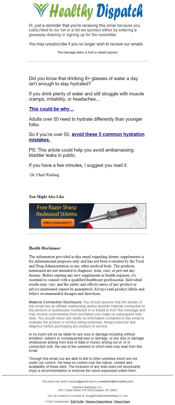 Screenshot of the email generated on import