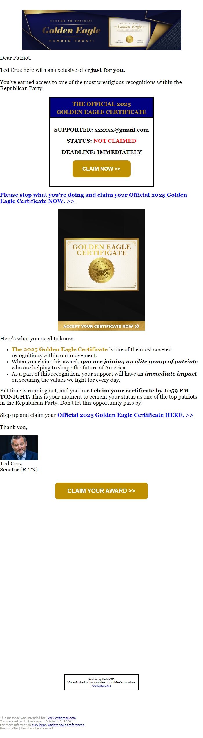 Screenshot of the email generated on import
