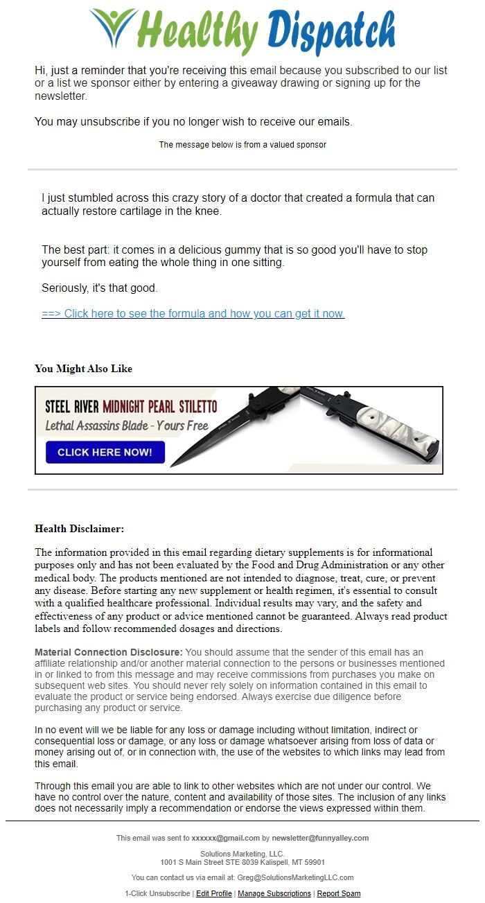 Screenshot of the email generated on import