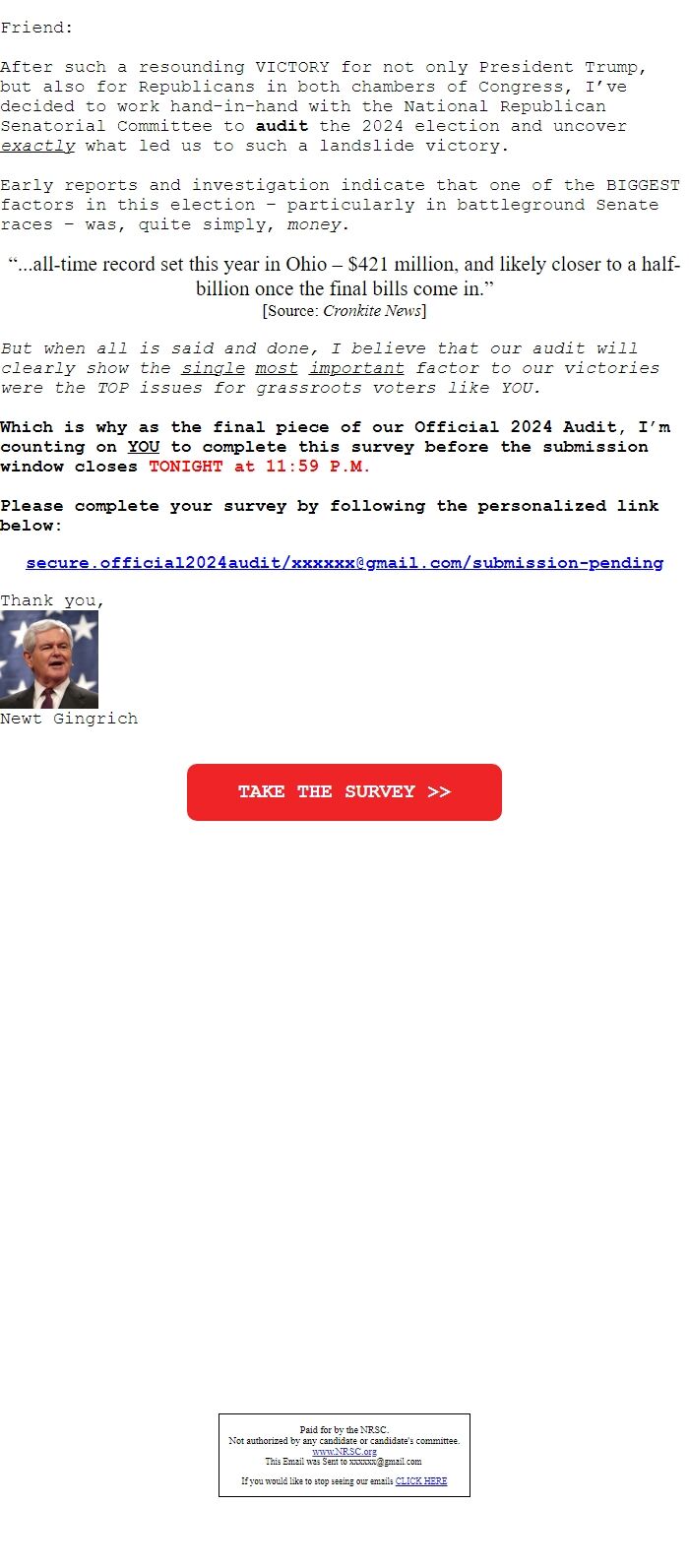 Screenshot of the email generated on import