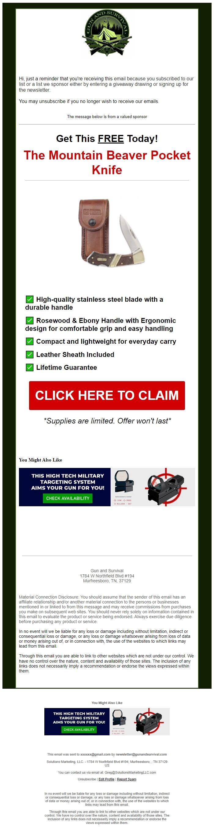 Screenshot of the email generated on import