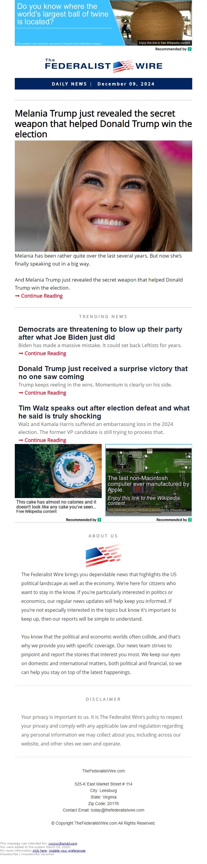 Screenshot of the email generated on import