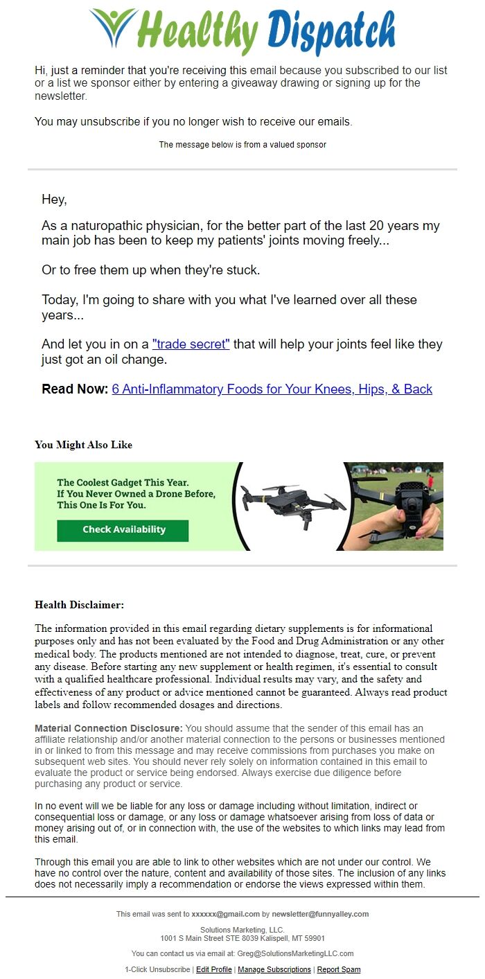 Screenshot of the email generated on import
