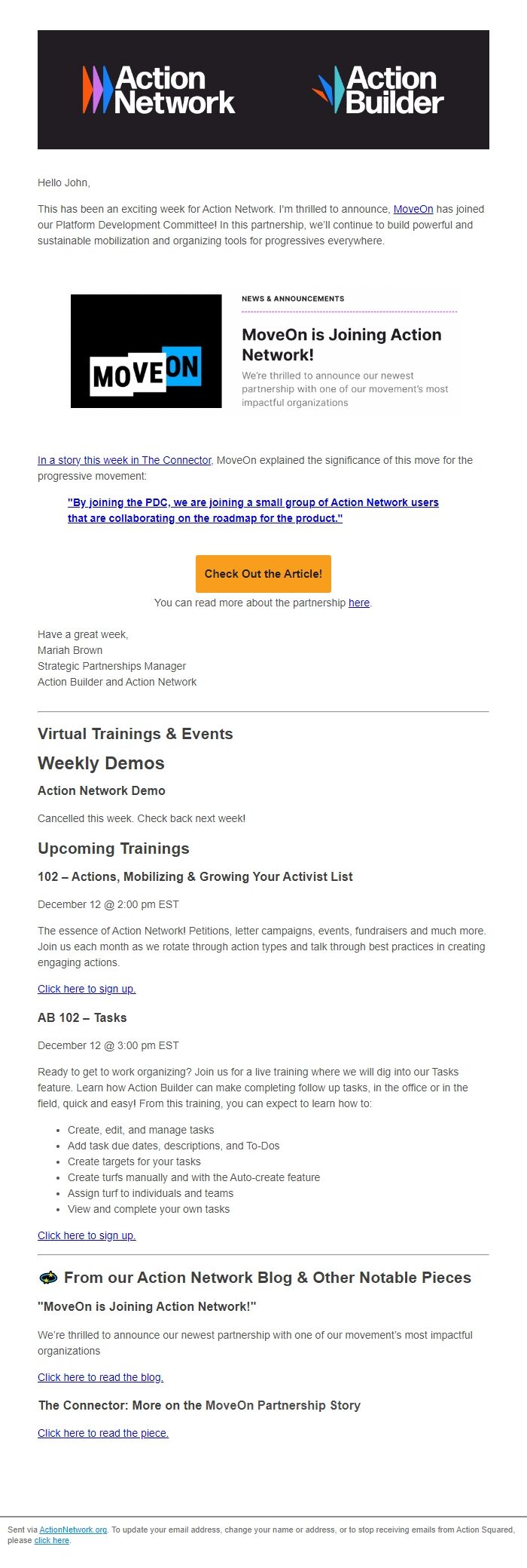 Screenshot of the email generated on import