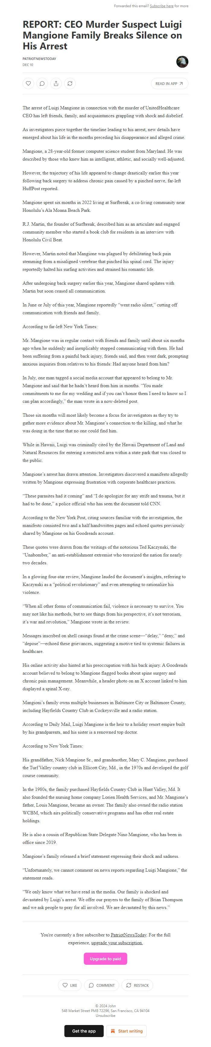 Screenshot of the email generated on import