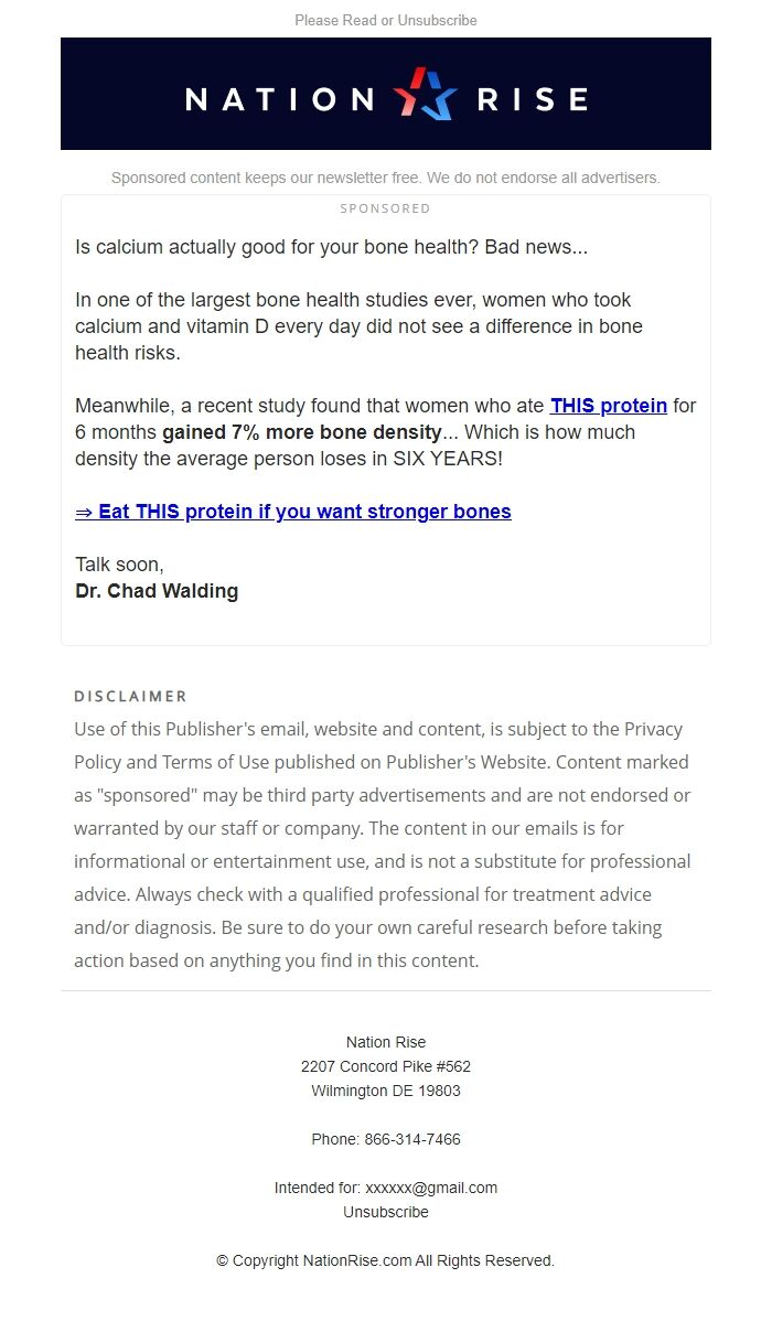 Screenshot of the email generated on import