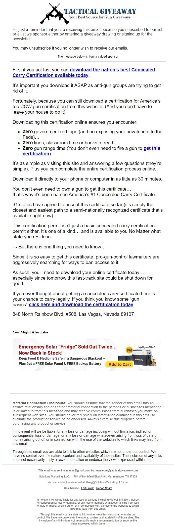 Screenshot of the email generated on import