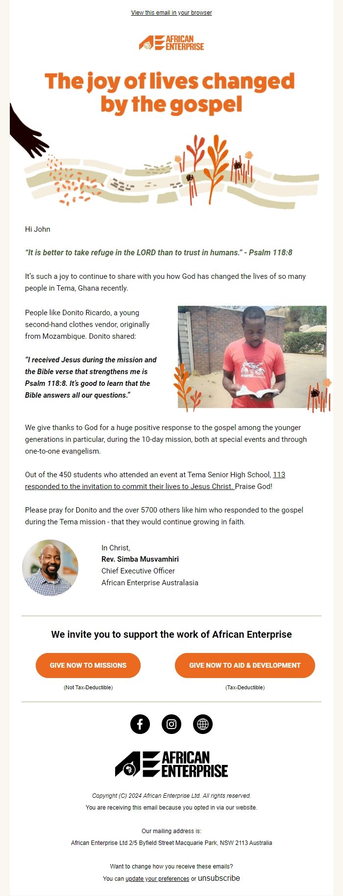 Screenshot of the email generated on import