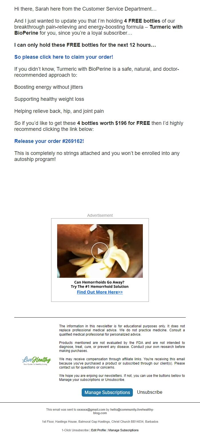 Screenshot of the email generated on import