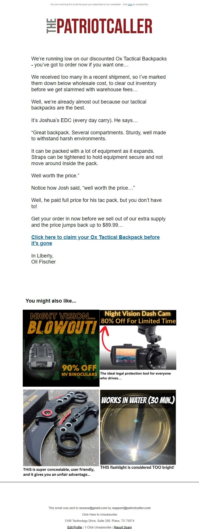 Screenshot of the email generated on import