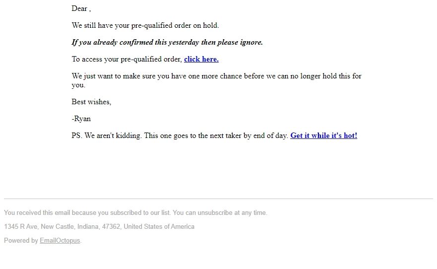 Screenshot of the email generated on import