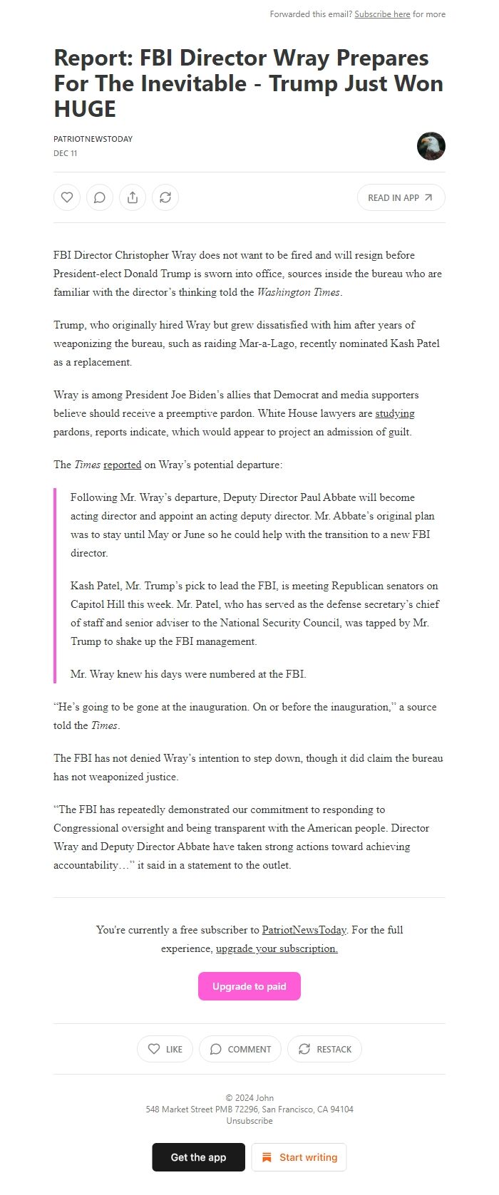 Screenshot of the email generated on import