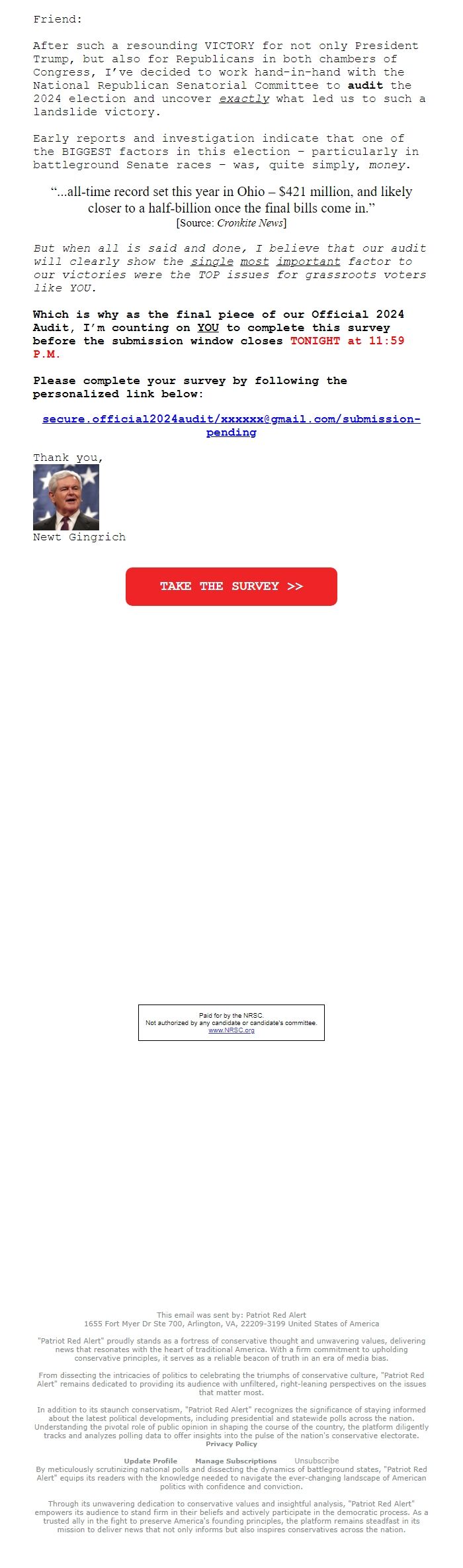Screenshot of the email generated on import