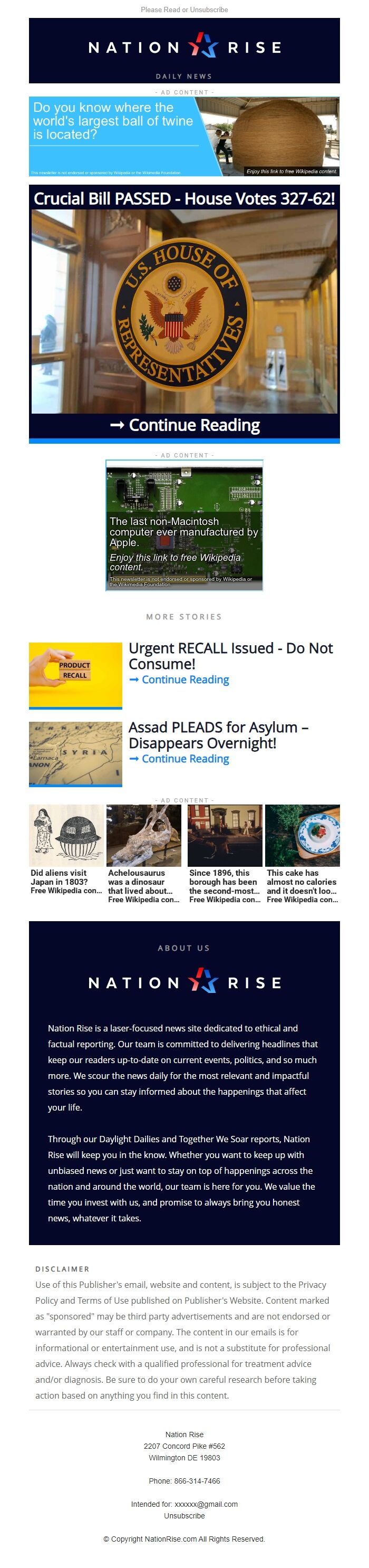 Screenshot of the email generated on import