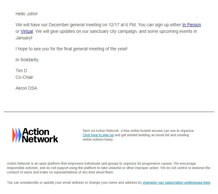 Screenshot of the email generated on import