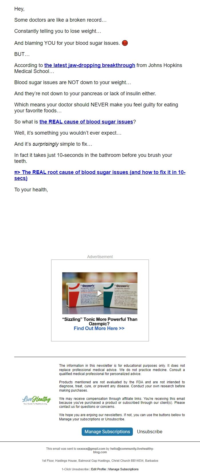 Screenshot of the email generated on import