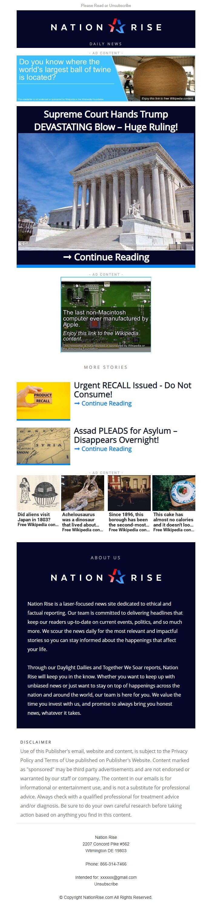 Screenshot of the email generated on import