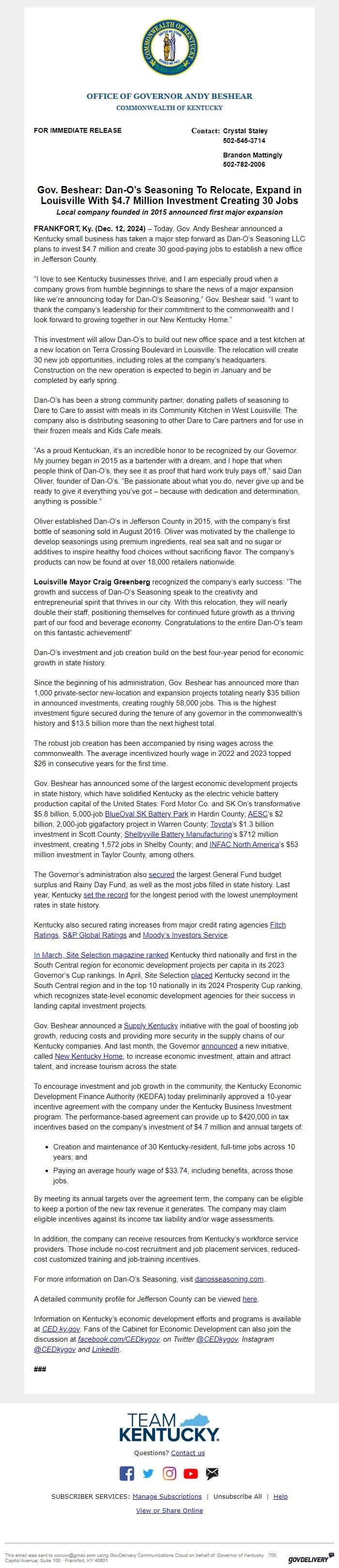 Screenshot of the email generated on import