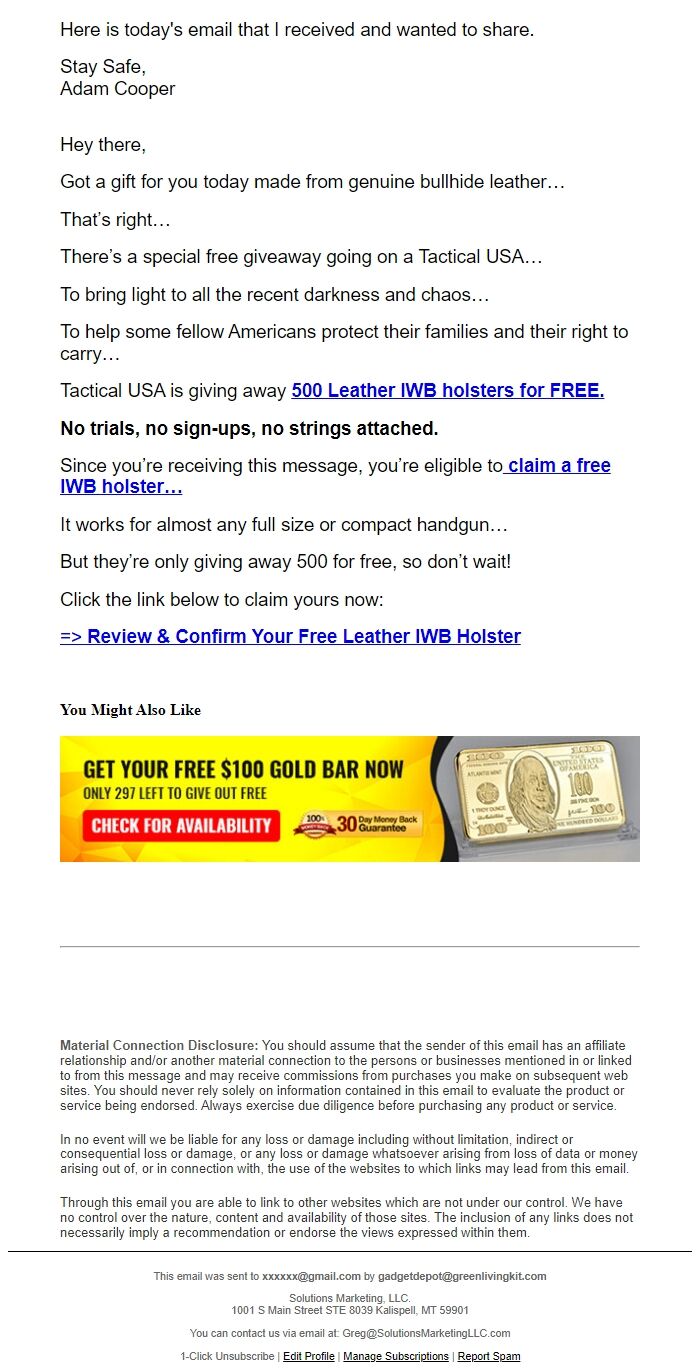 Screenshot of the email generated on import