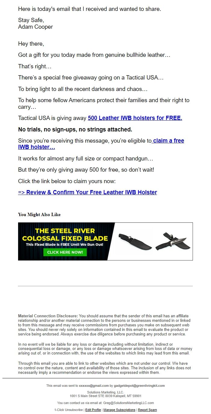 Screenshot of the email generated on import