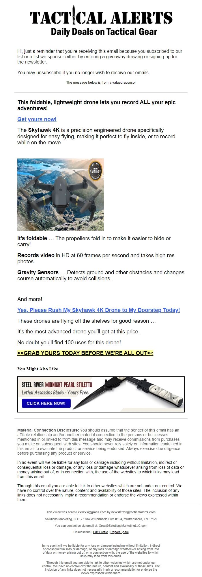 Screenshot of the email generated on import
