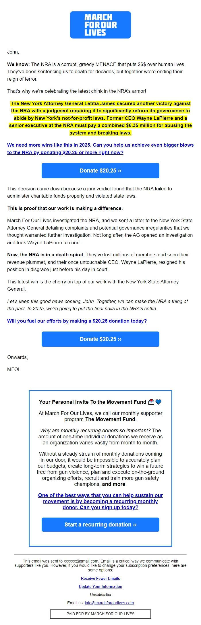 Screenshot of the email generated on import