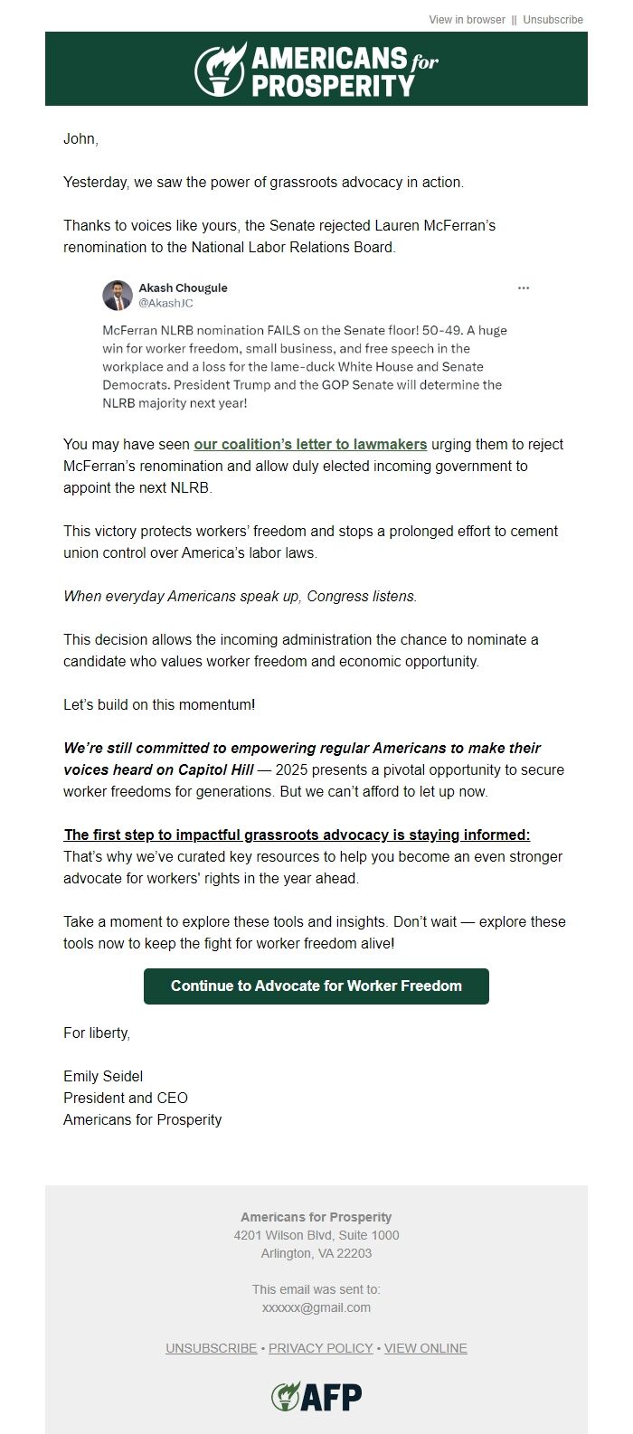 Screenshot of the email generated on import