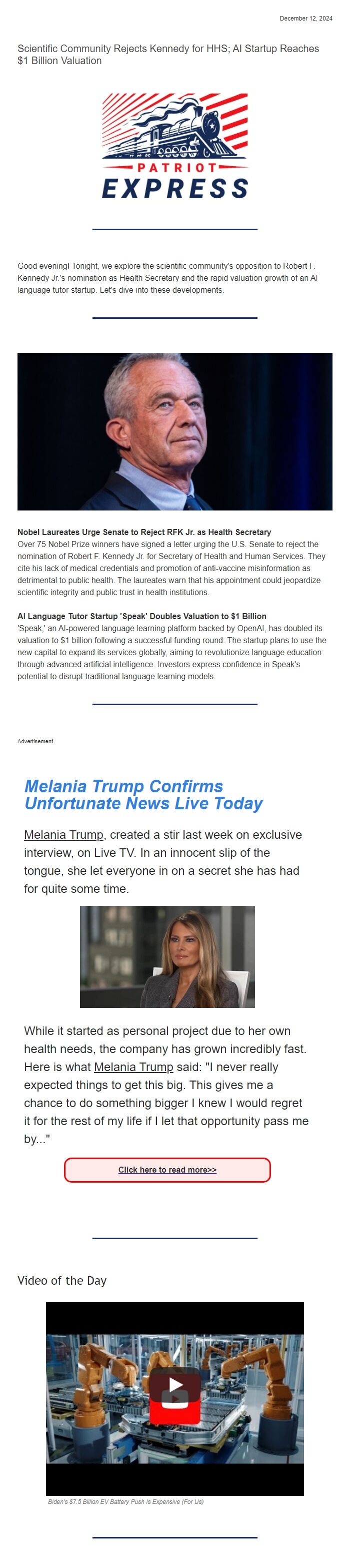 Screenshot of the email generated on import