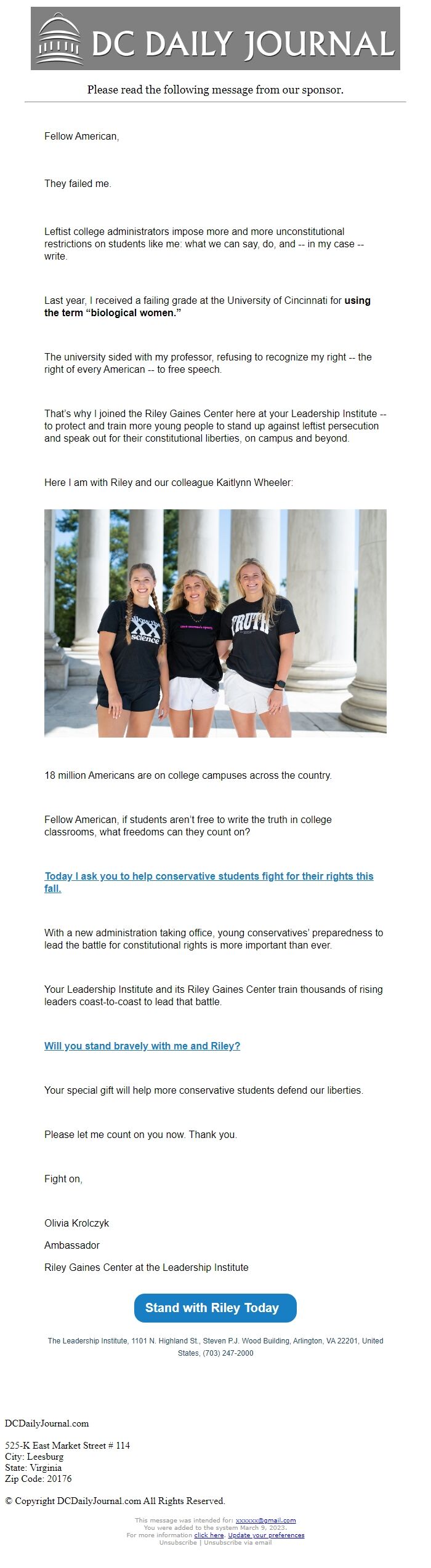 Screenshot of the email generated on import